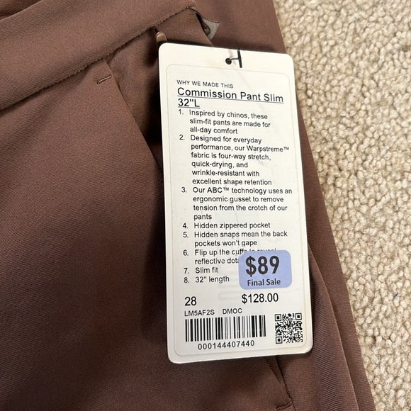 Lululemon Commission Pant Slim 28 x 32 NWT Brown - Picture 3 of 4